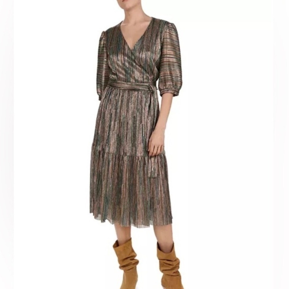 Ba&sh Star Vert Metallic Multi-Color Striped Wrap‎ Midi Dress Size S 1E19STAR